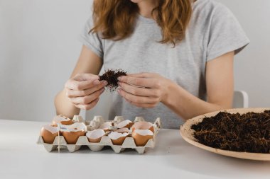 Kız mikroyeşil tohumları eve ekti. Sağlıklı beslenme ve doğal vitaminler. Karantina dönemi için evde bir hobi. Beyaz bir arka planda. Pencere kenarındaki bahçe.