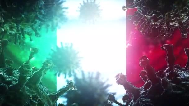 コロナウイルスCovid 19イタリアの旗の背景を持つコロナウイルスの3Dアニメーション — ストック動画