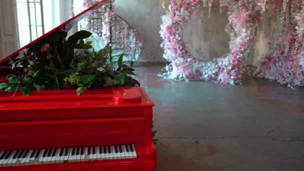 结婚戒指躺在一架红色的木制大钢琴上 从钢琴上可以看到植物 — 图库视频影像