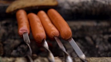 Bir sosisli sandviç şiş üzerinde ateşte kızarır. Barbekü için.