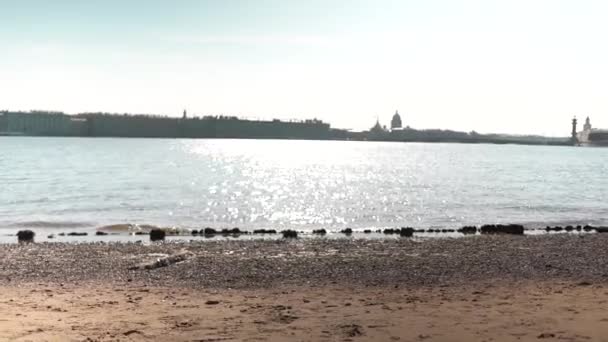 Kumsalda Bir Adam Bir Kızın Peşinden Koşar Ona Sopayla Vurmak — Stok video