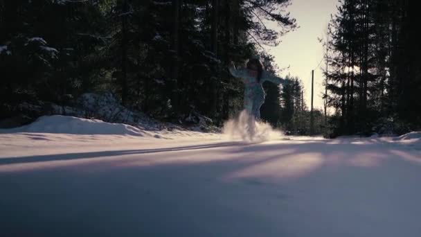 Girl Runs Joyfully Woods Slow Motion Trees Woman Dressed Blue — Stock Video