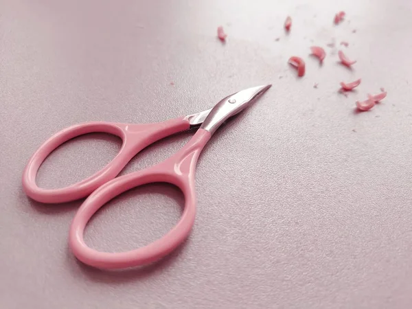 Pink Scissors Cutted Nails Manicure Natural Beauty Self Care — Stock Photo, Image