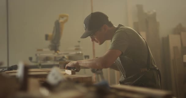 Woodworker Man Working Garage — Stock Video