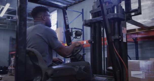 Afro Amerikaanse Manager Scheepvaart Magazijn Met Behulp Van Heftruck — Stockvideo