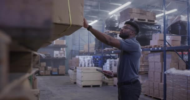 창고에서 일하는 아프리카 미국인 매니저의 — 비디오