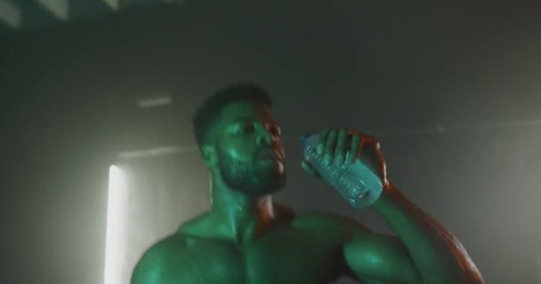 Sweaty Man Drinking Water Gym — Stock Video