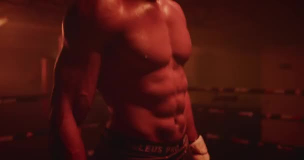 Boxer Masculino Comemorando Ginásio Escuro Vermelho — Vídeo de Stock