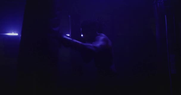深蓝色体操馆的男子拳击练习 — 图库视频影像