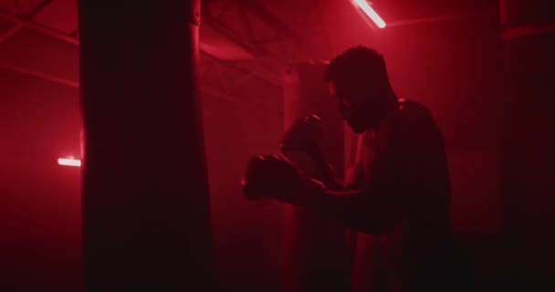 男子拳击手训练拳击袋在深红色体育馆进行 — 图库视频影像