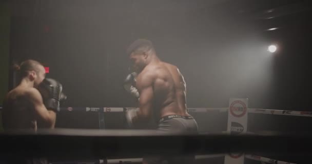 暗いジムで男性影ボクシング — ストック動画