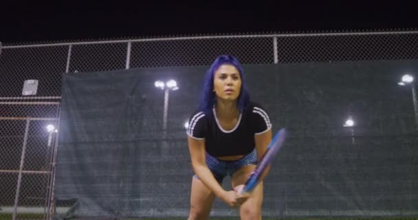 Woman Playing Tennis Night — Stock Video