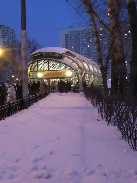 地下鉄駅スラヴィヤンスキー通りの入り口は巨大な冬虫夏草が人々を飲み込むように形成されています モスクワの西にある古いリンゴの庭に位置しています — ストック写真