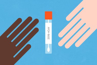 İki el COVID-19 örnek toplama tüpüne uzanıyor. Roman Coronavirus (SARS-CoV-2) test kiti düz çizim.