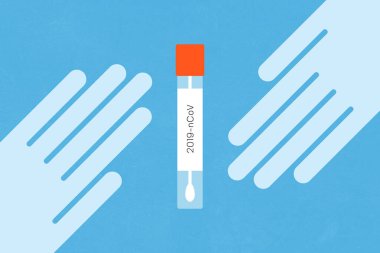 İki el COVID-19 örnek toplama tüpüne uzanıyor. Roman Coronavirus (SARS-CoV-2) test kiti düz çizim.
