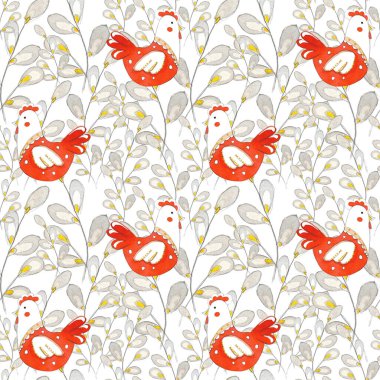 Easter seamless pattern with spring twigs easter pussy willow tree and red chickens isolated on white background. Pattern for greeting cards, wrapping paper, design diaries, fabrics and wallpapers.