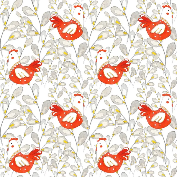 Easter Seamless Pattern Spring Twigs Easter Pussy Willow Tree Red — Stock fotografie