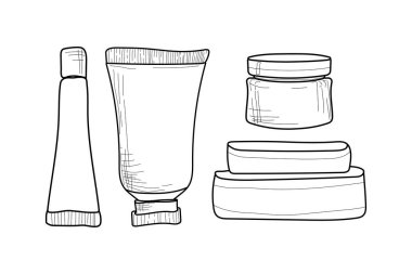 Cilt bakımı kozmetik el resmi beyaz arka planda izole edilmiş. Krema, serum damlası ve yüz jölesi veya losyon ikonları. 24 saat yüz kremi koruması. Tıbbi cilt kozmetiği.