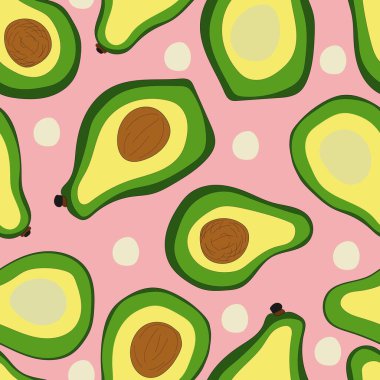 Avokado pürüzsüz desen. Açık pembe arka planda bütün ve dekore edilmiş avokado. Elle çizim vektör stoku çizimleri. Paketleme, ambalaj kağıdı, tekstil, kumaş vs. için kullanılabilir. 