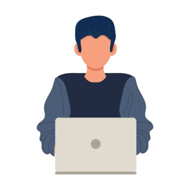 Adam dizüstü bilgisayarla düz bir şekilde çalışıyor. Serbest konsept, rahat iş yeri. Beyaz arkaplanda vektör hisse senedi çizimi izole edildi. Modern düşünce ve yaratıcılık, bilgi grafikleri tasarım web ögeleri