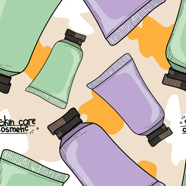 Patrón Sin Costuras Doodle Envase Cosmético Botella Tubo Con Crema — Vector de stock