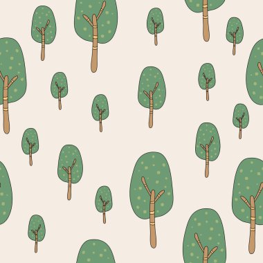 El çizimi şirin yeşil ağaçlar kusursuz desen, çocuksu vektör arkaplanı çiziyor. Kumaş, ambalaj kağıdı, kart, poster, tekstil ve parmak izi için mükemmel.