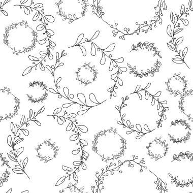 Yapraklı el dallarının kusursuz deseni. Arka planda izole edilmiş siyah siluetler. Vektör illüstrasyonu - baskı şablonu, ambalaj kağıdı, yazdırılmış materyaller, tekstil, kumaş.