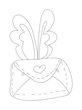 Vektör el karalama karikatürü kanatlı kapalı zarf. Mürekkep stili. Beyaz arkaplanda siyah beyaz çizimler var. Kartlar ve çantalar, poster ve renklendirme sayfaları için bir baskı tasarla.