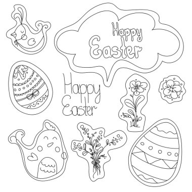 Siyah beyaz şirin paskalya karakterli çıkartmalar: yumurtalar, tavuklar, çiçekler, Mutlu Paskalyalar. Beyaz arkaplanda izole edilmiş şirin vektör çizimleri.