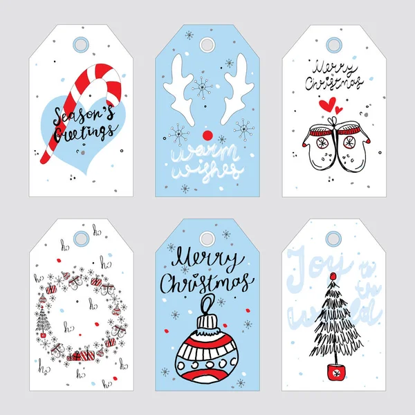 Set Colorful Bright Christmas Gift Tags Hand Drawn Decorative Elements — Stock Vector