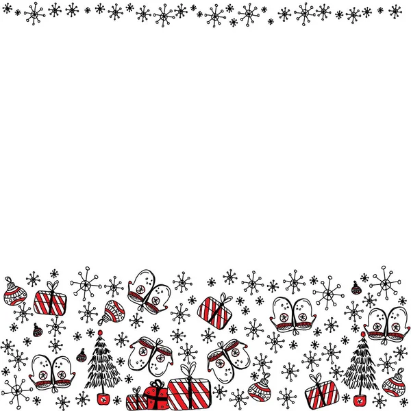 Kerstmis Met Zwarte Rode Kerstversieringen Kerstboom Handschoenen Sneeuwvlok Kerstbal Cadeautjes — Stockvector