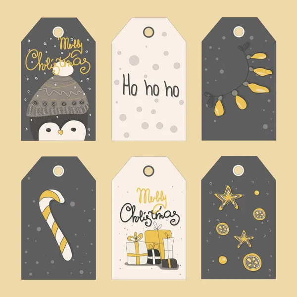 Etiquetas Presente Natal Com Símbolos Natal Desenhados Mão Ilustração Vetorial — Vetor de Stock