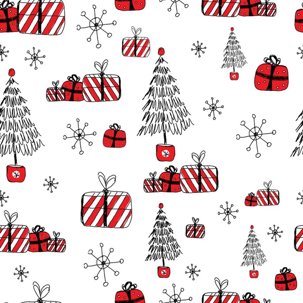 Bezproblémový Vzor Prvků Zimní Dovolené Doodle Obrys Ručně Malované Vánoční — Stockový vektor