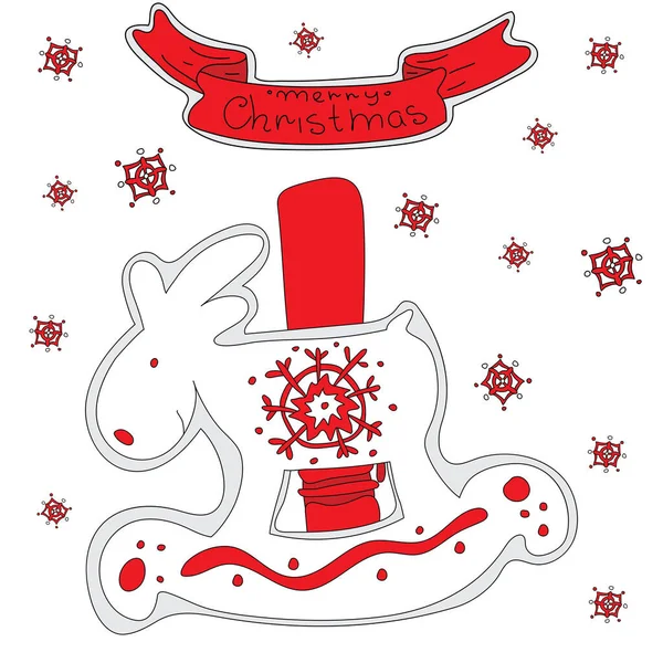 Veado Brinquedo Design Doodle Feliz Natal Fita Vermelha Festiva Com — Vetor de Stock