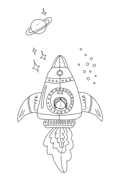 Esboço Com Criança Astronauta Gato Foguetes Estrelas Planeta Colorir Personagem —  Vetores de Stock