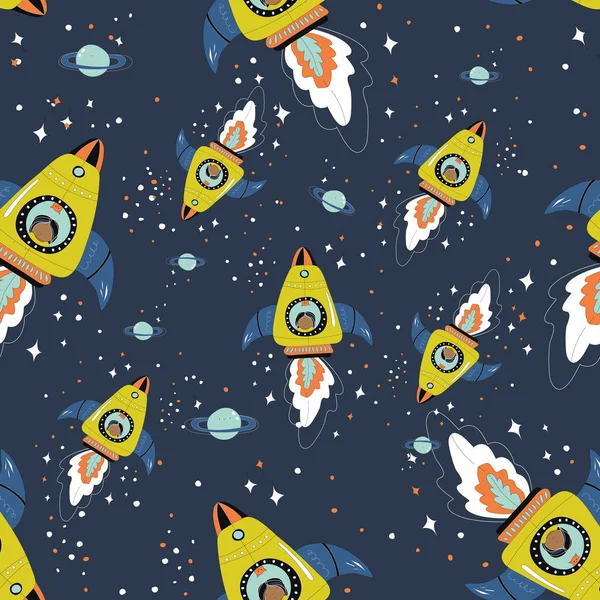 Seamless pattern with astronaut kid and cat in rocket ships. Vector illustration, scandinavian style. Stars, planet. Children textile,t-shirt print,bed linens,fabric,wallpaper,paper,back to school.