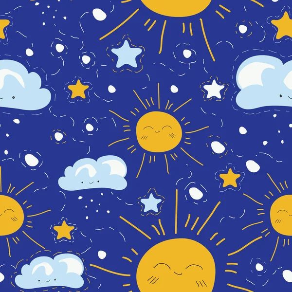 Безшовний Візерунок Сонцем Хмарами Зорями Привабливий Каракулі Ізольований Синьому Фоні — стоковий вектор
