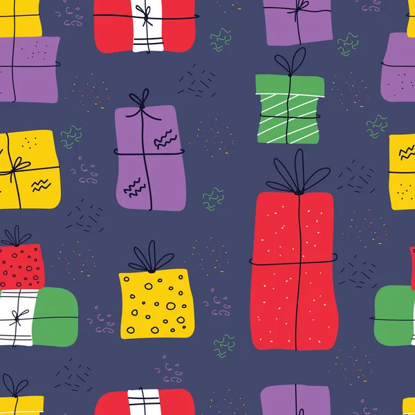 无缝线图案 一组彩色涂鸦矢量礼品盒 带有弓和丝带 深蓝色背景隔离 圣诞贺卡海报横幅或生日快乐 矢量说明 — 图库矢量图片