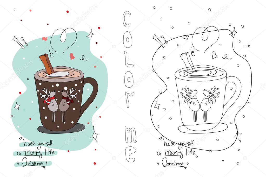 Merry Christmas vector illustration card with cute cartoon character brown cup of latte with deers on blue background, decorative templates for invitations, greeting postcards, design elements