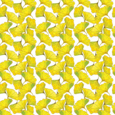 Arka planda sarı ginkgo yapraklı pürüzsüz desenler var. Pankartlara, kartpostallara, ambalaj kağıdına, çarşaflara ve çocuk kıyafetlerine baskı yapmak için elle boyanmış suluboya resimleme