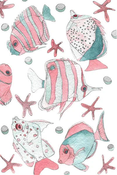 海星和小鱼受到水下生物的启发 手绘纹理完美适用于数码纸 T恤衫 纺织品 书籍插图的印刷 — 图库照片