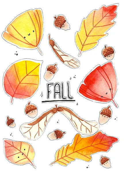 Hand Drawn Watercolor Autumn Colorful Leaves Set Design Poster Kitchen — Stock Photo, Image