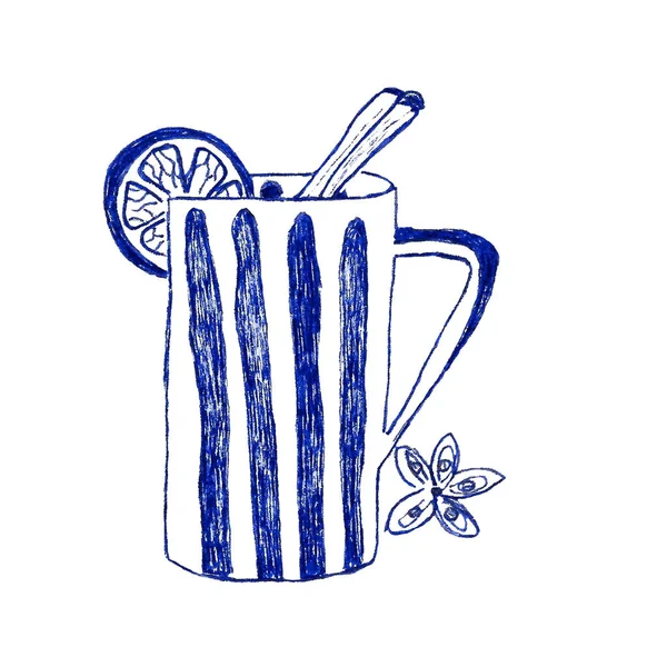 Ilustración Azul Blanca Taza Canela Con Limón Aislado Sobre Fondo — Foto de Stock