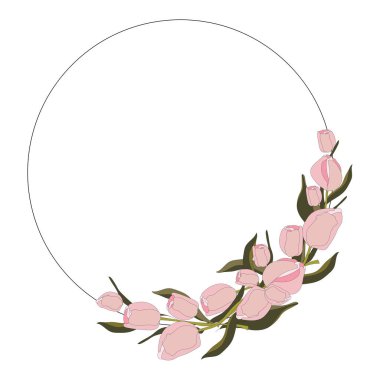 Bahar çiçekleri. Beyaz arka planda yeşil yapraklı pembe lalelerden bir çerçeve. Sevgililer Günü veya Anneler Günü geçmişi.