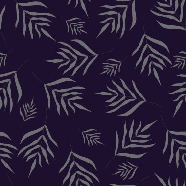 Yapraklı el dallarının kusursuz deseni. Arka planda izole edilmiş siyah siluetler. Vektör illüstrasyonu - baskı şablonu, ambalaj kağıdı, yazdırılmış materyaller, tekstil, kumaş.
