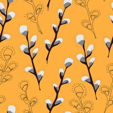 Spring twigs easter pussy willow tree, catkins closeup isolated on a white background. Hand painting on paper. Bright cute hand drawn illustration. Easter symbol.