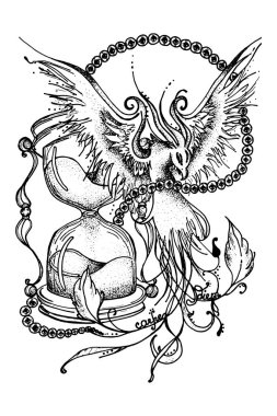 Kum saati çizgili Phoenix ateş kuşu beyaz arka planda izole edilmiş. Japon ve Çin tarzı Phoenix dövmesi, Ateş Kuşu Efsanesi Rus masallarıdır ve Slav folklorundan bir yaratıktır..