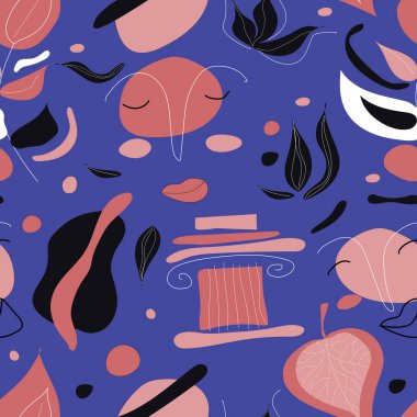 Mavi arka planda büyük renkli şekillere, yapraklara, yüzlere ve Yunan elementlerine sahip vektörsüz desen. Kumaş veya duvar kağıdı için sevimli moda tasarımı.