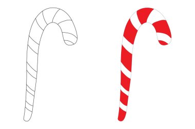 Sevimli karalama çizgi filmi Noel lolipopu düz stil renk ve ana hatlarıyla. Beyaz arkaplanda izole edilmiş Vector Candy baston simgesi. Basit bir el çizimi stili. Çocuklar için boyama sayfası.