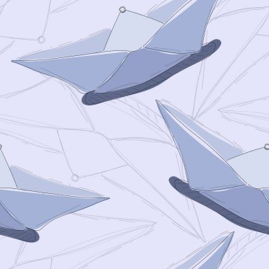 Açık mavi kağıt teknenin kusursuz deseni. Denizcilik temasının stok çizimi. Pankartlar, tekstil, kartpostallar, ambalaj kağıtları, çarşaf ve çocuk giysileri üzerine baskı yapmak için tasarlandı.